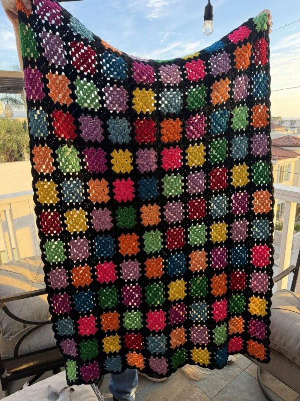 Vintage Granny Square grandmacore black multicolor blanket throw crochet cottage